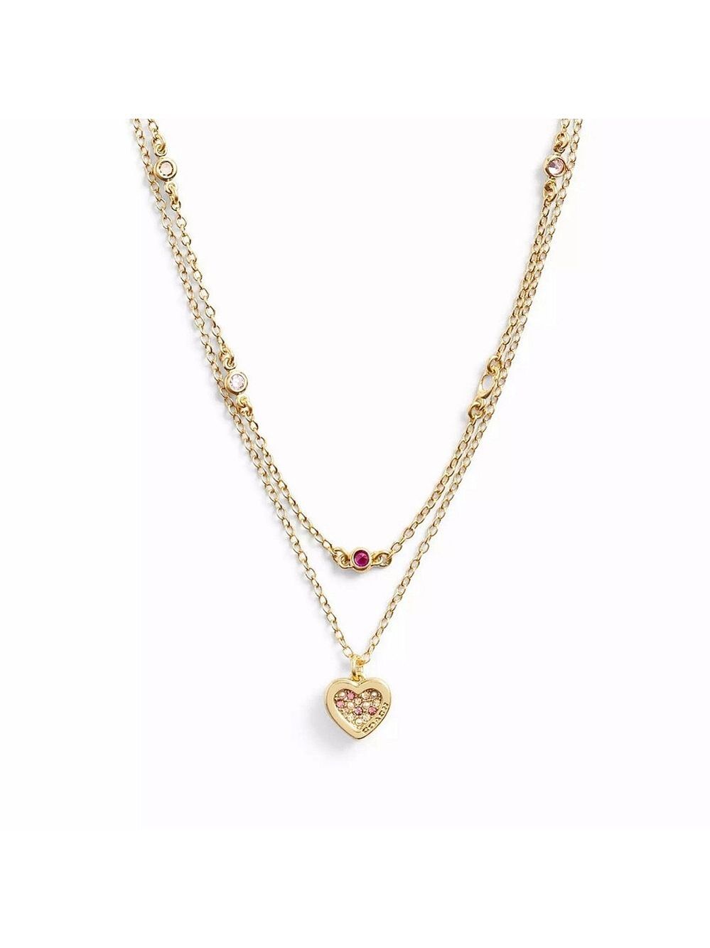COACH GOLD HEART LAYERED NECKLACE PAVÉ PINK